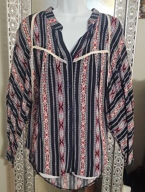 Women's Navy Striped Button-Down Shirt with Red Accent